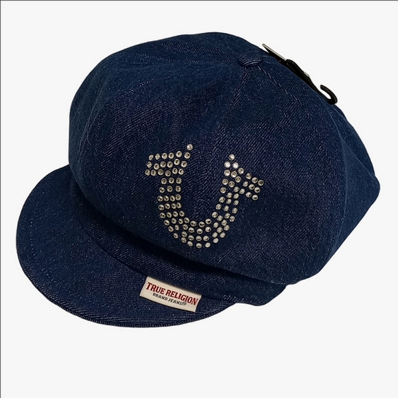 🆕 TRUE RELIGION DENIM DARK BLUE HAT WITH RHINESTONE EMBELLISHMENT - Picture 1 of 8